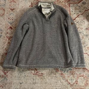 Gray/Tan Orvis 1/4 zip jacket. Sherpa interior. Large.